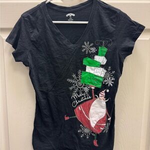 Holiday Time Black V-Neck Tee with Santa and Green Gifts